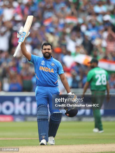 Rohit Sharma of India celebrates his century during the Group Stage match of the ICC Cricket World Cup 2019 between Bangladesh and India at Edgbaston...