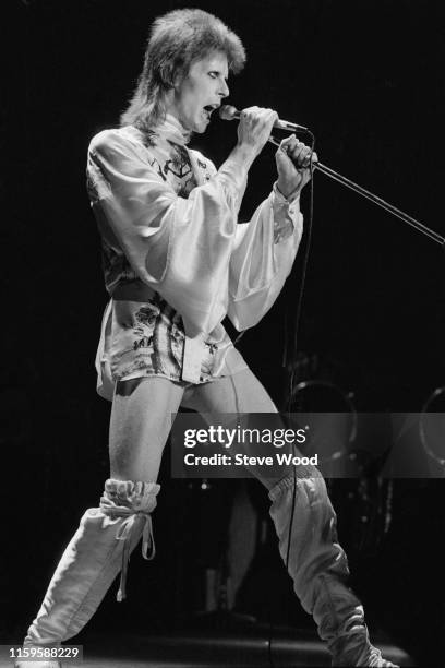 David Bowie performing at the Hammersmith Odeon, at the last of his Ziggy Stardust concerts, London, 3rd July 1973.