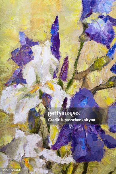 fashionable spring illustration allegory modern artwork impressionism my original oil painting on canvas impressionism vertical shaped symbolic landscape blooming white and blue irises in the rays of sunlight on a light beige yellowish sunny background - iris family stock illustrations