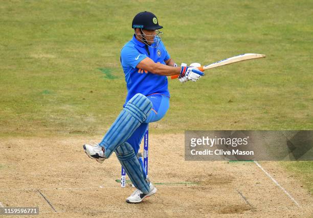 Dhoni of India in action batting during the Group Stage match of the ICC Cricket World Cup 2019 between Bangladesh and India at Edgbaston on July 02,...