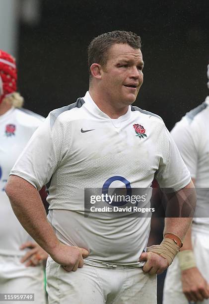 Matt Stevens of the England Saxons looks on during the Churchill Cup match between England Saxons and Tonga at Kingsholm on June 12, 2011 in...