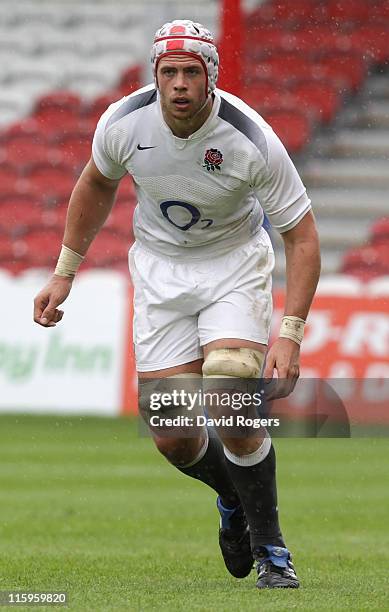 Dave Attwood of the England Saxons looks on during the Churchill Cup match between England Saxons and Tonga at Kingsholm on June 12, 2011 in...