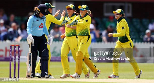 Alyssa Healy of Australia celebrates catching Amy Jones of England during the 1st Royal London Women's ODI between England and Australia at Fischer...