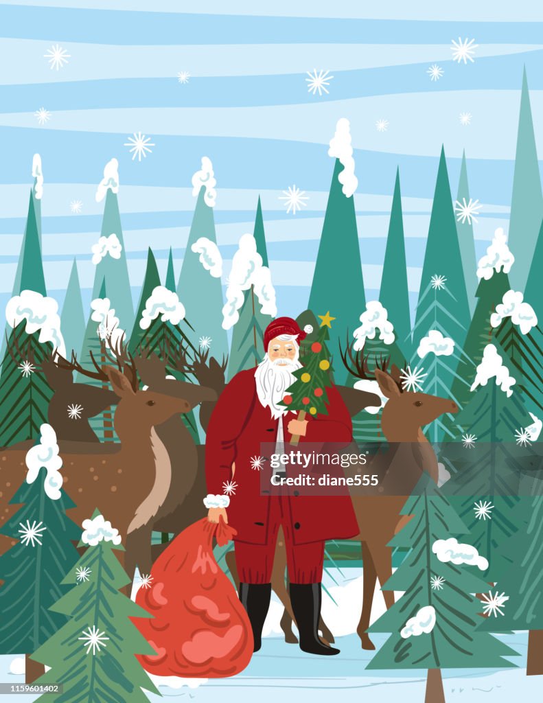 Santa Claus en zijn rendieren in de winter Woods