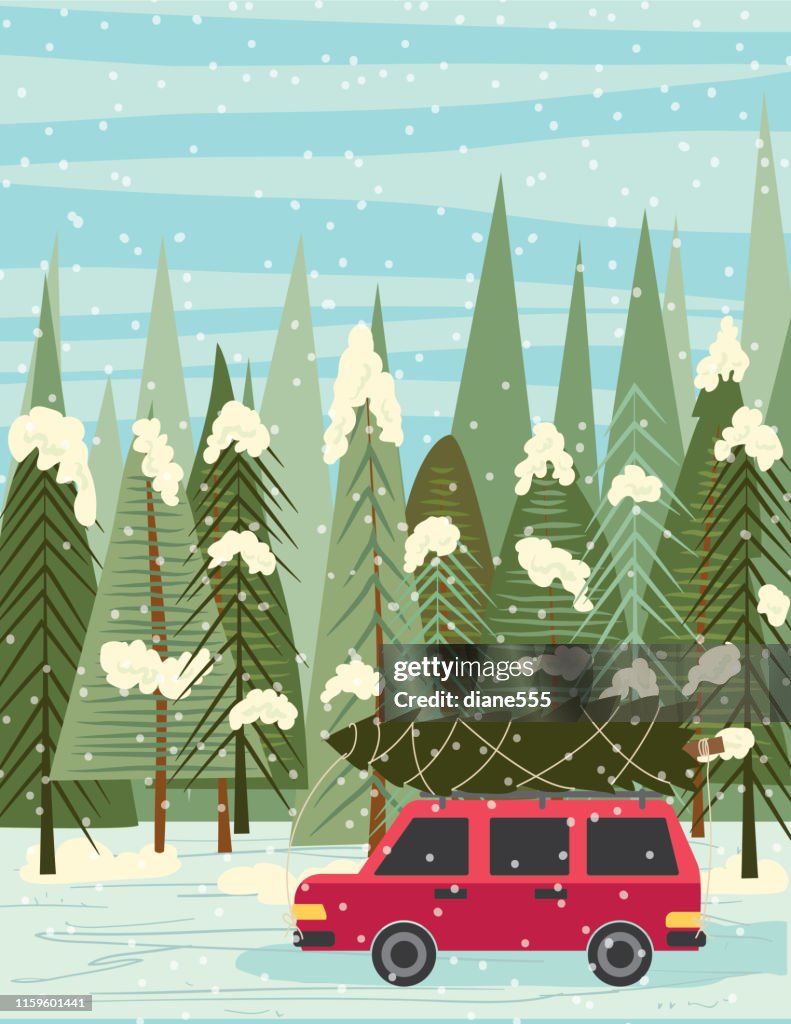 Car With Christmas Tree In The Winter Woods
