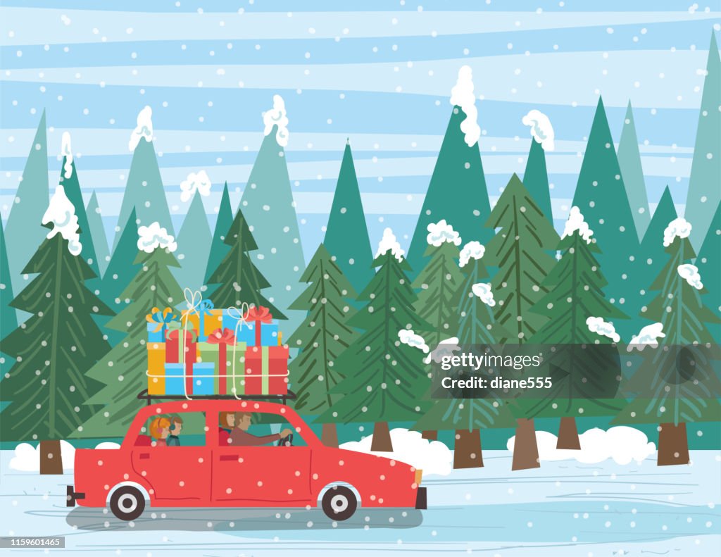 Car With Christmas Presents On Roof In The Winter Woods