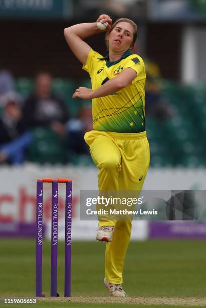 Georgia Wareham of Australia in action during the 1st Royal London Women's ODI between England and Australia at Fischer County Ground on July 02,...