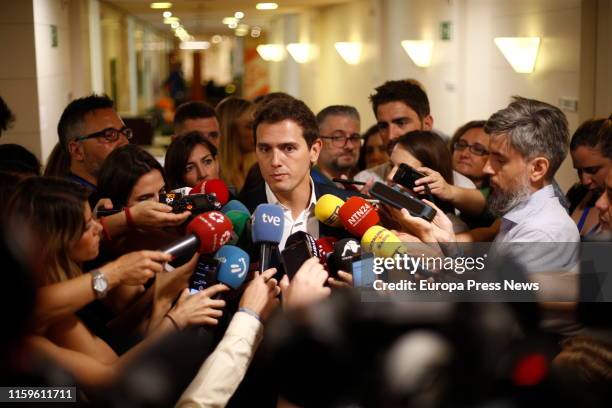 The president of Ciudadanos, Albert Rivera, is seen talking to the press after a meeting at the Parliament with the president of PP, Pablo Casado,...