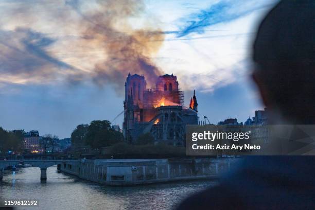 man watching notre-dame de paris fire from far, paris, ile-de-france, france - notre dame ストックフォトと画像