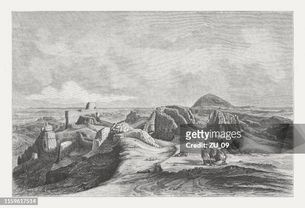 ruins of medinet madi, and hawara pyramid, egypt, woodcut, 1879 - aerial desert stock illustrations