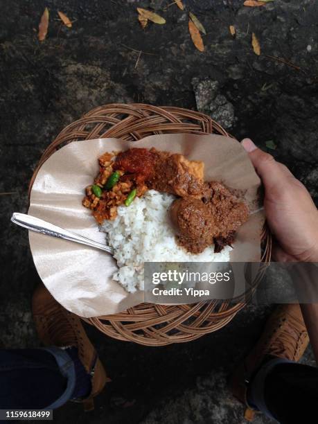 personal perspective view of a young man holding a plate of indonesia food gudeg - gudeg stock pictures, royalty-free photos & images