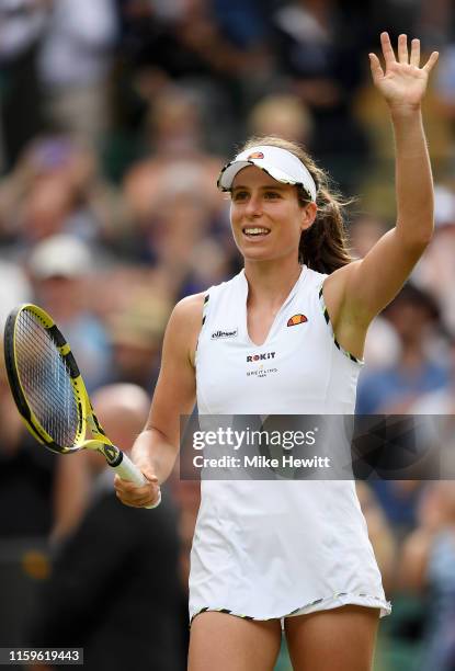 Johanna Konta of Great Britain celebrates match point in her Ladies' Singles first round match against Ana Bogdan of Romania during Day two of The...