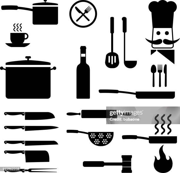 cooking utensils kitchen royalty free vector icon set - stew pot stock illustrations