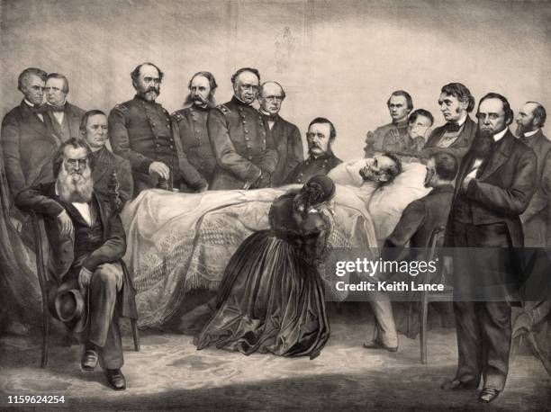 abraham lincoln on his deathbed surrounded by mourners - mourning stock illustrations