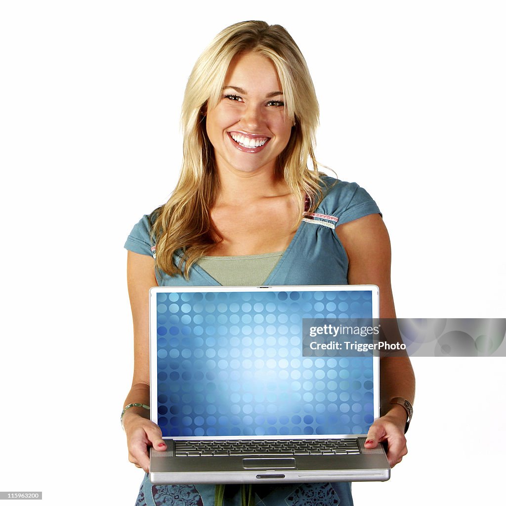 Beautiful Blue Blonde Happy Girl Laptop Technology