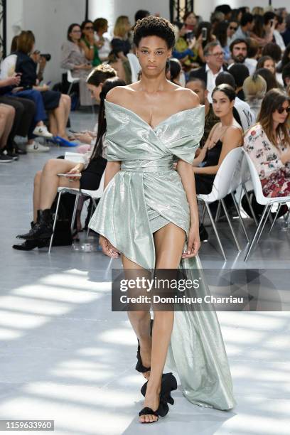 Model walks the runway during the Alexandre Vauthier Haute Couture Fall/Winter 2019 2020 show as part of Paris Fashion Week on July 02, 2019 in...