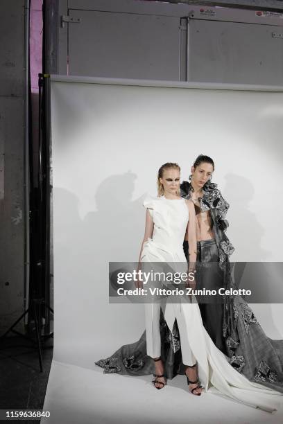 Model poses backstage prior the Maticevski Haute Couture Fall/Winter 2019 2020 show as part of Paris Fashion Week on July 02, 2019 in Paris, France.