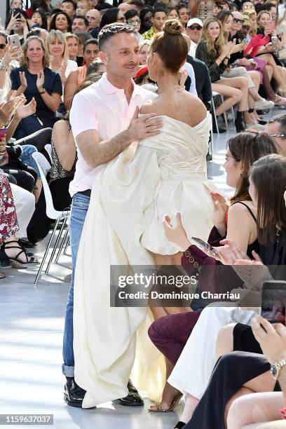 Alexandre Vauthier hugs Celine Dion after the Alexandre Vauthier Haute Couture Fall/Winter 2019 2020 show as part of Paris Fashion Week on July 02,...