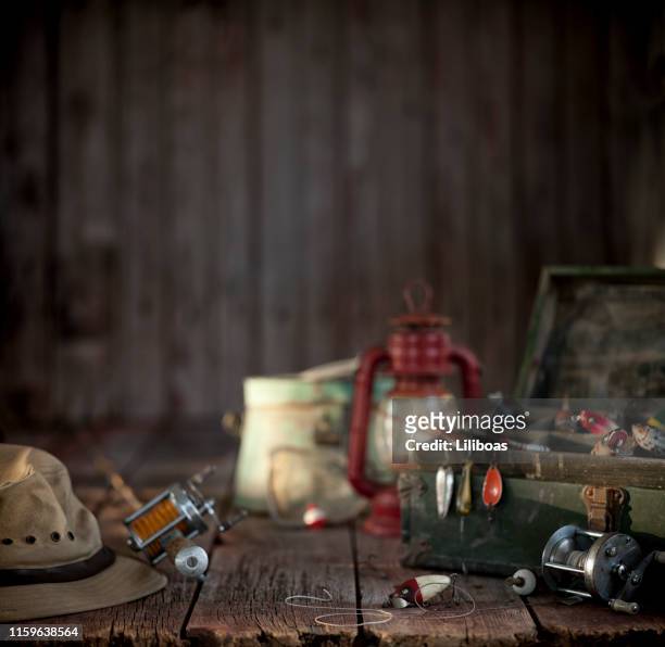 vintage fishing tackle background - fishing tackle box stock pictures, royalty-free photos & images
