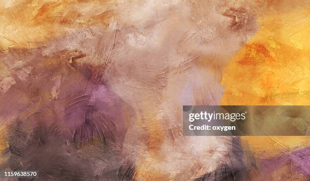 abstract purple and yellow texture background. digital illustration imitating oil painting on canvas - impressionismus stock-fotos und bilder