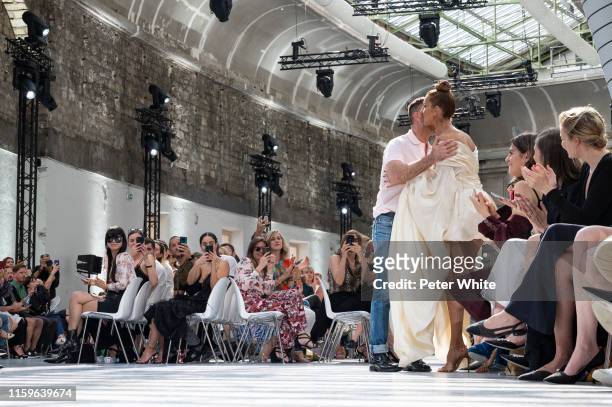 Alexandre Vauthier kisses Celine Dion after the Alexandre Vauthier Haute Couture Fall/Winter 2019 2020 show as part of Paris Fashion Week on July 02,...