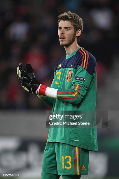 David de Gea of Spain during the UEFA European Under-21 Championship Group B match between England and Spain at the Herning Stadium on June 12, 2011...