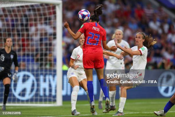 Christen Press of the USA scores her team's first goal during the 2019 FIFA Women's World Cup France Semi Final match between England and USA at...