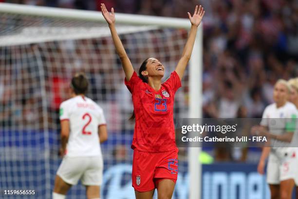 Christen Press of the USA celebrates after scoring her team's first goal during the 2019 FIFA Women's World Cup France Semi Final match between...