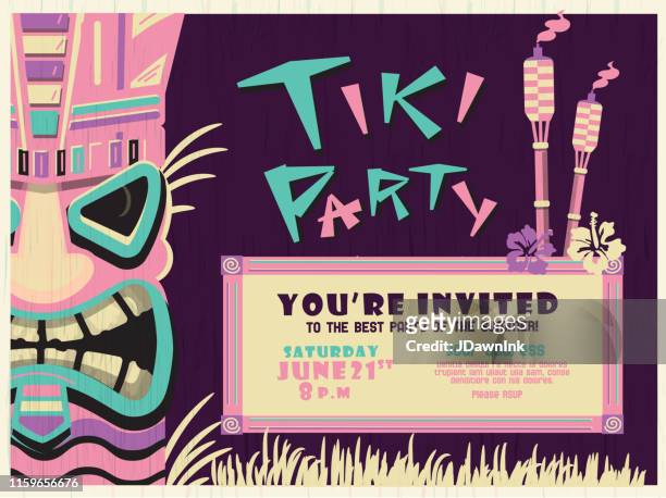 stylized tiki hawaiian party design template with wooden tiki statue and tiki torches with bright colors and lot's of detail - tiki stock illustrations