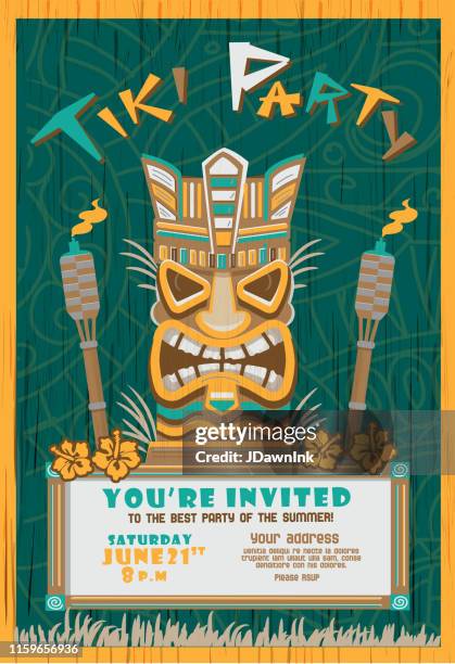 stylized tiki hawaiian party design template with wooden tiki statue and tiki torches with bright colors and lot's of detail - tiki stock illustrations