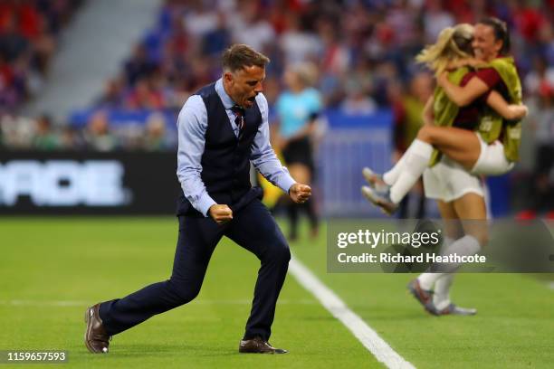 Philip Neville, Head Coach of England celebrates after Ellen White of England scores his team's first goal during the 2019 FIFA Women's World Cup...