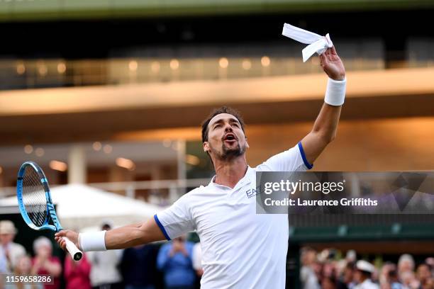 Fabio Fognini of Italy celebrates victory in his Men's Singles first round match against Frances Tiafoe of The United States during Day two of The...