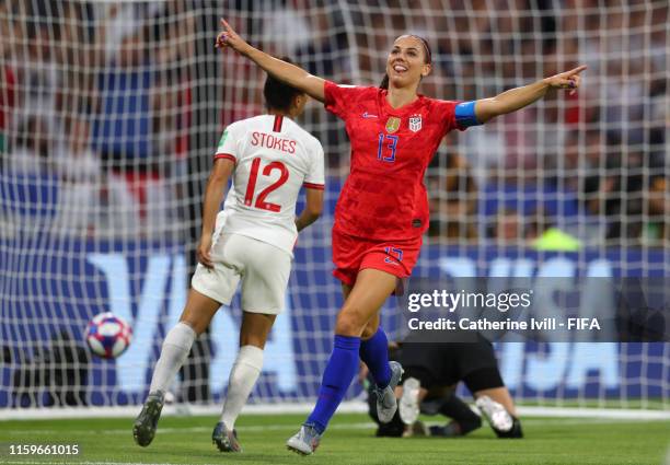 Alex Morgan of the USA celebrates after scoring her team's second goal during the 2019 FIFA Women's World Cup France Semi Final match between England...