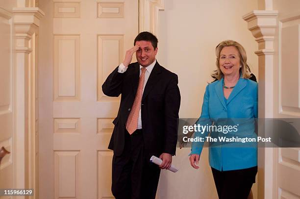 Philippe I. Reines with United States Secretary of State Hillary Clinton as she arrives to be interviewed by Katie Couric in Washington, D.C. On May...