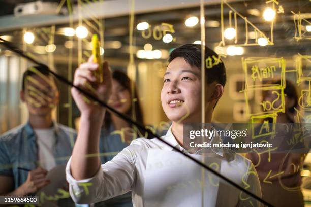 taiwanesisk entreprenör som skriver på glas vägg på möte - genomskinlig skrivtavla bildbanksfoton och bilder