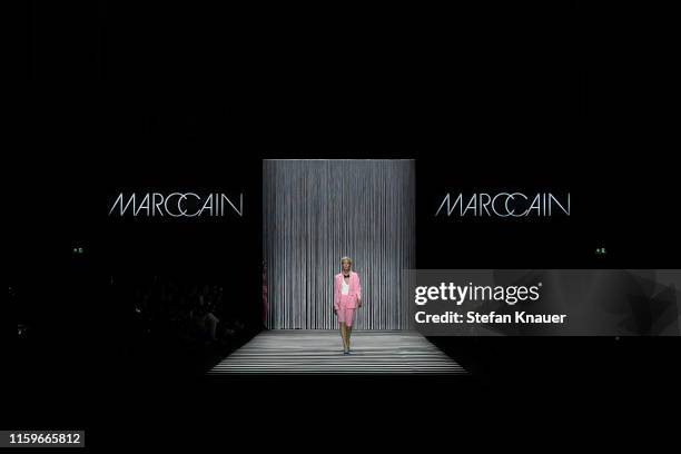 Caroline Winberg walks the runway at the Marc Cain fashion show during the Berlin Fashion Week Spring/Summer 2020 at Velodrom on July 02, 2019 in...