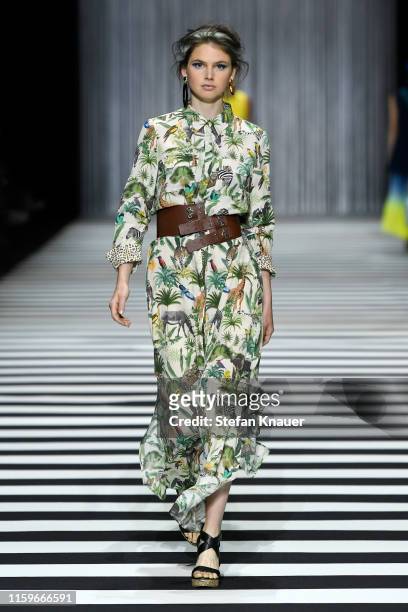 Model walks the runway at the Marc Cain fashion show during the Berlin Fashion Week Spring/Summer 2020 at Velodrom on July 02, 2019 in Berlin,...