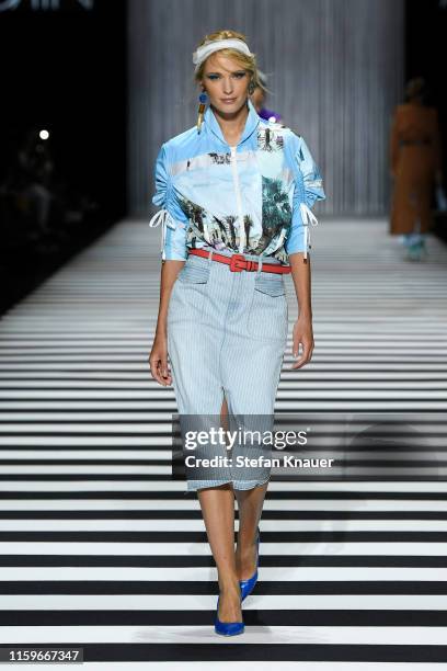 Model walks the runway at the Marc Cain fashion show during the Berlin Fashion Week Spring/Summer 2020 at Velodrom on July 02, 2019 in Berlin,...