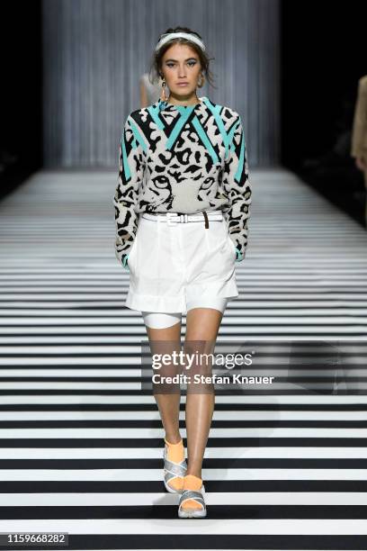 Model walks the runway at the Marc Cain fashion show during the Berlin Fashion Week Spring/Summer 2020 at Velodrom on July 02, 2019 in Berlin,...