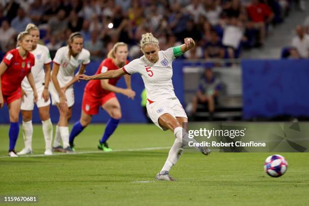 Steph Houghton of England misses a penalty during the 2019 FIFA Women's World Cup France Semi Final match between England and USA at Stade de Lyon on...