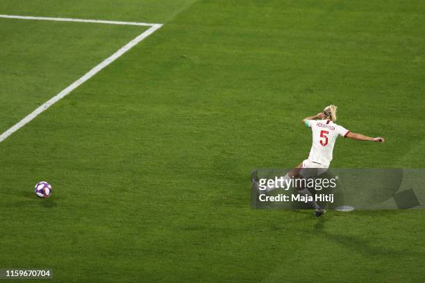 Steph Houghton of England misses a penalty during the 2019 FIFA Women's World Cup France Semi Final match between England and USA at Stade de Lyon on...