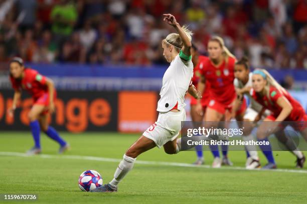 Steph Houghton of England misses a penalty during the 2019 FIFA Women's World Cup France Semi Final match between England and USA at Stade de Lyon on...