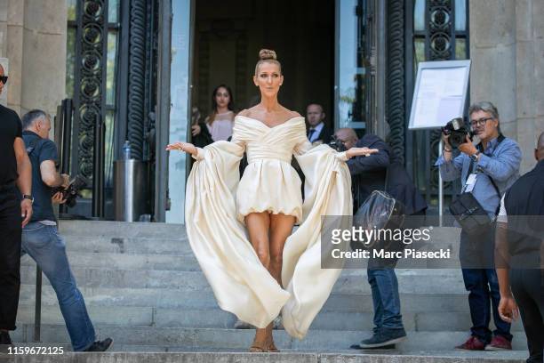 Singer Celine Dion is seen leaving the Alexandre Vauthier fashion show on July 02, 2019 in Paris, France.