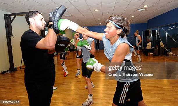 Ariane Hingst boxes during the Germany training session at Fitness First club on June 13, 2011 in Frankfurt am Main, Germany.