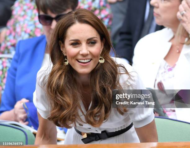 Catherine, Duchess of Cambridge attends day two of the Wimbledon Tennis Championships at All England Lawn Tennis and Croquet Club on July 02, 2019 in...