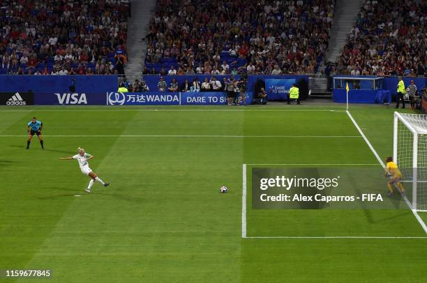 Alyssa Naeher goalkeeper of the USA saves a penalty from Steph Houghton of England during the 2019 FIFA Women's World Cup France Semi Final match...