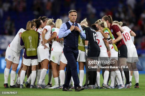 Philip Neville, Head Coach of England looks on following the 2019 FIFA Women's World Cup France Semi Final match between England and USA at Stade de...