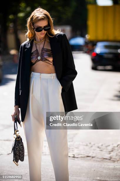 Lena Perminova, is seen outside Alexandre Vauthier show during Paris Fashion Week - Haute Couture Fall Winter 2019 - 2020 on July 02, 2019 in Paris,...