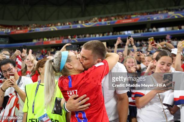 Julie Ertz of the USA celebrates with husband Zach Ertz following her team's victory in the 2019 FIFA Women's World Cup France Semi Final match...