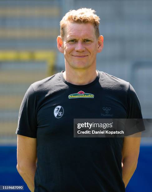 Physiotherapist Torge Schwarz of SC Freiburg poses during the team presentation at Schwarzwald-Stadion on August 4, 2019 in Freiburg im Breisgau,...